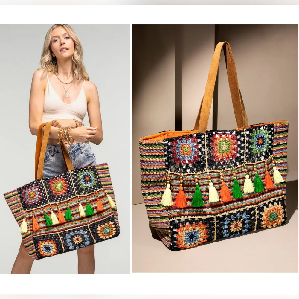 Vibrant Floral & Striped Hand Crocheted Shoulder Bag w/ Colorful Tassel Accents - Picture 11 of 11